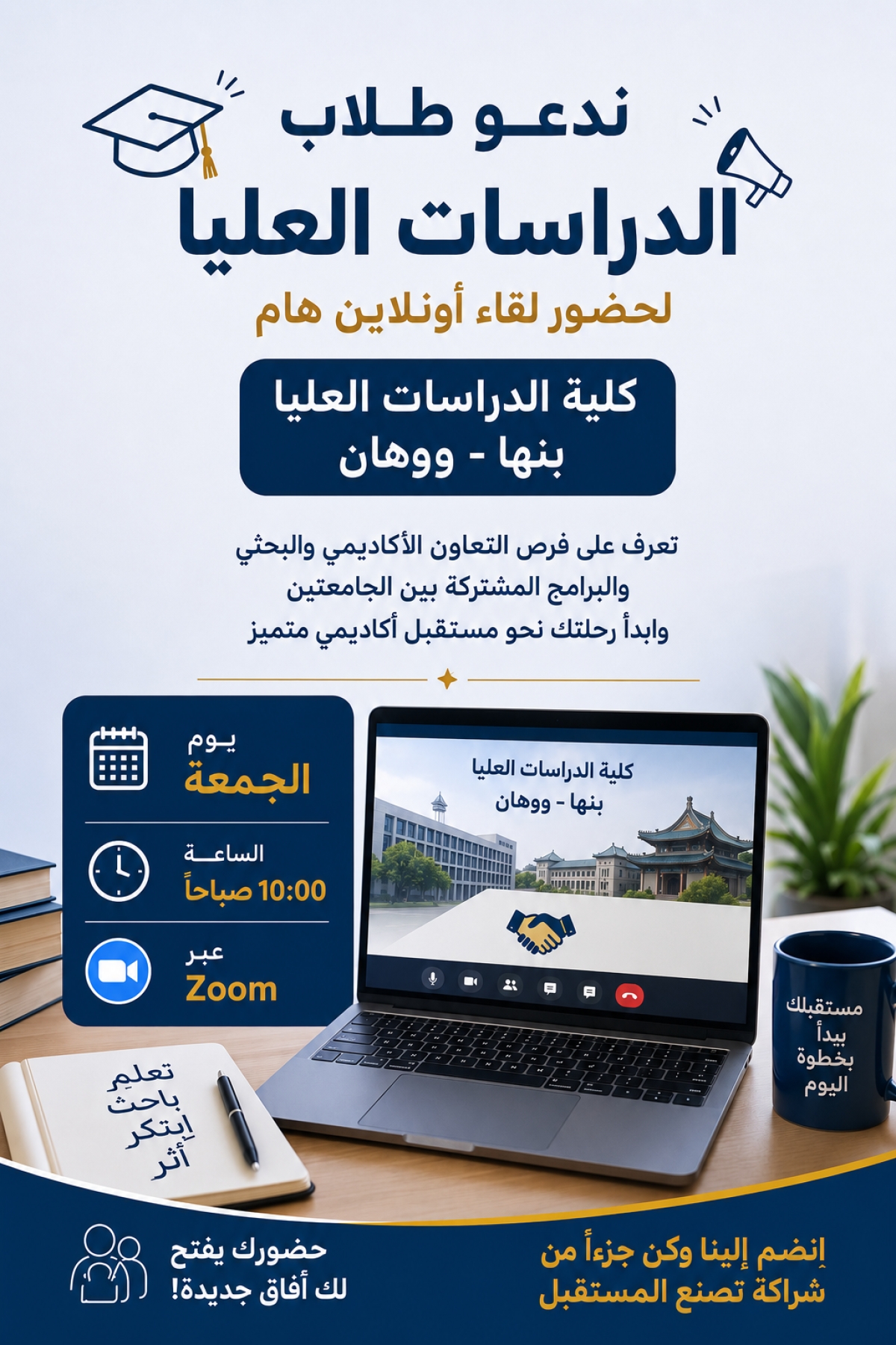 لقاء اونلاين يوم الجمعه في العاشرة صباحاً بخصوص كلية الدراسات العليا بنها - ووهان