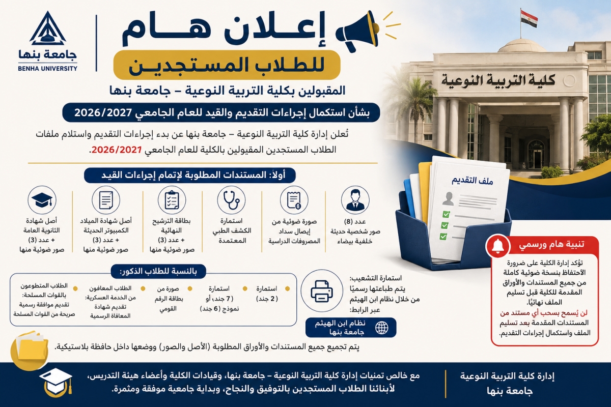 بدء إجراءات التقديم واستلام ملفات الطلاب المستجدين بكلية التربية النوعية – جامعة بنها للعام الجامعي 2026/2027